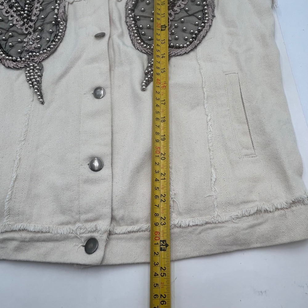 POL Embellished Denim Vest Cream Size S Oversized Beaded Studded Trucker Jacket - Picture 6 of 13